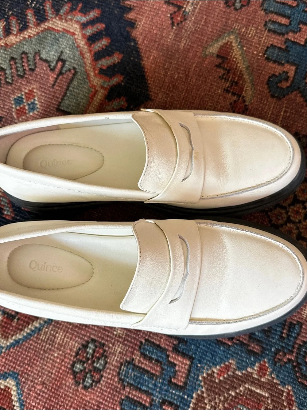 Quince White Leather Penny Loafers with Black Sole